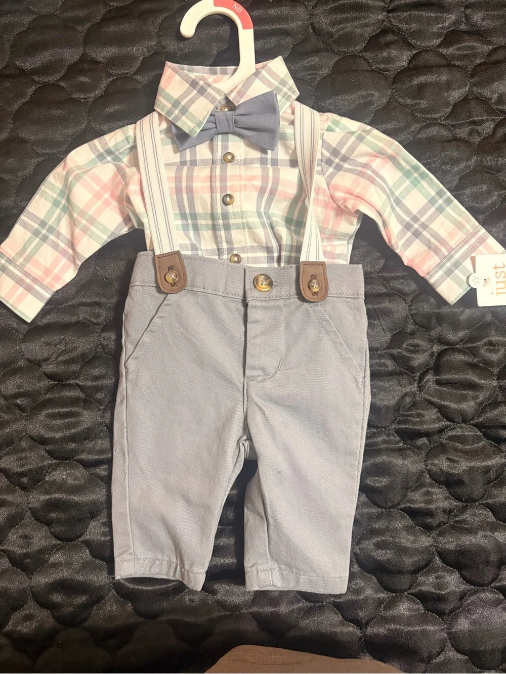 Carter's Pastel Plaid Shirt with Gray Bow Tie & Light Gray Suspender Pants